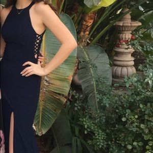 Navy blue halter neck prom dress
